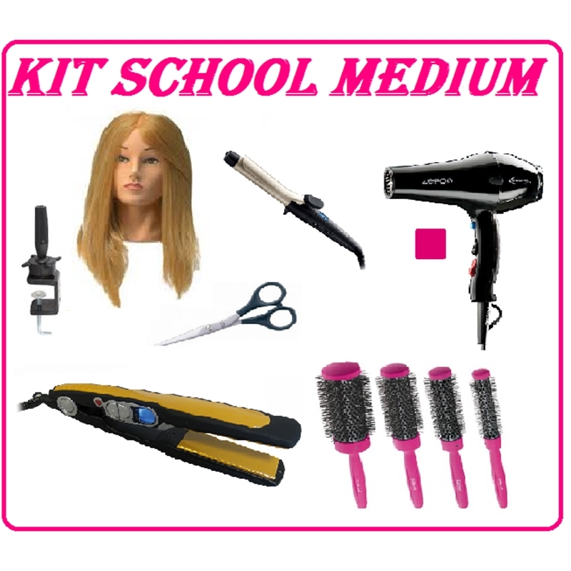 KIT SCUOLA PARRUCCHIERI MEDIUM - TESTA STUDIO, SUPPORTO, FORBICI, PHON, PIASTRA, KIT SPAZZOLE
