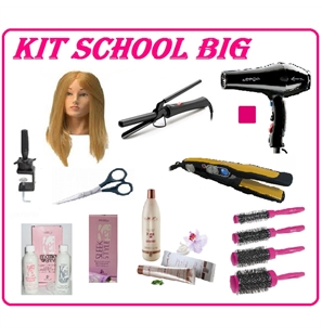 KIT SCUOLA PARRUCCHIERI BIG - TESTA STUDIO, SUPPORTO, FORBICI, PHON, PIASTRA, KIT SPAZZOLE, 6 TINTE, OSSIGENO, PERMANENTE, STIRA