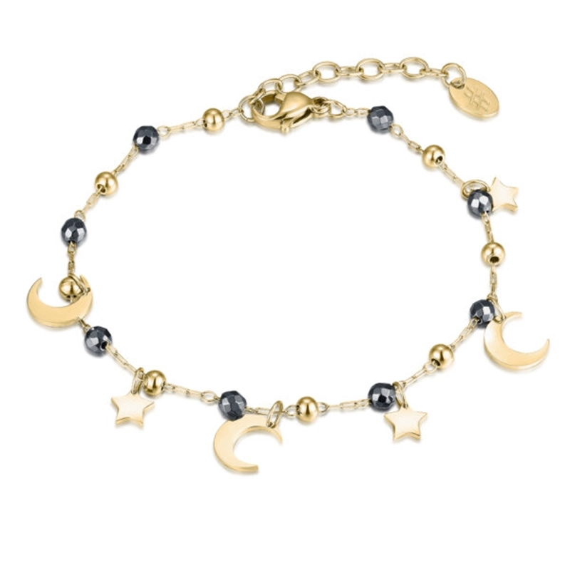 BRAND GIOIELLI BRACCIALE CON SFERE STELLE E LUNA ED EMATITE COLOR ORO BRAND GIOIELLI BRACCIALE CON SFERE STELLE E LUNA ED EMATITE COLOR ORO