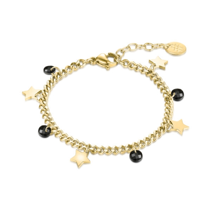 BRAND GIOIELLI BRACCIALE CATENA STELLE E CRISTALLI FIGLIA IN ACCIAIO COLOR ORO BRAND GIOIELLI BRACCIALE CATENA STELLE E CRISTALLI FIGLIA IN ACCIAIO COLOR ORO