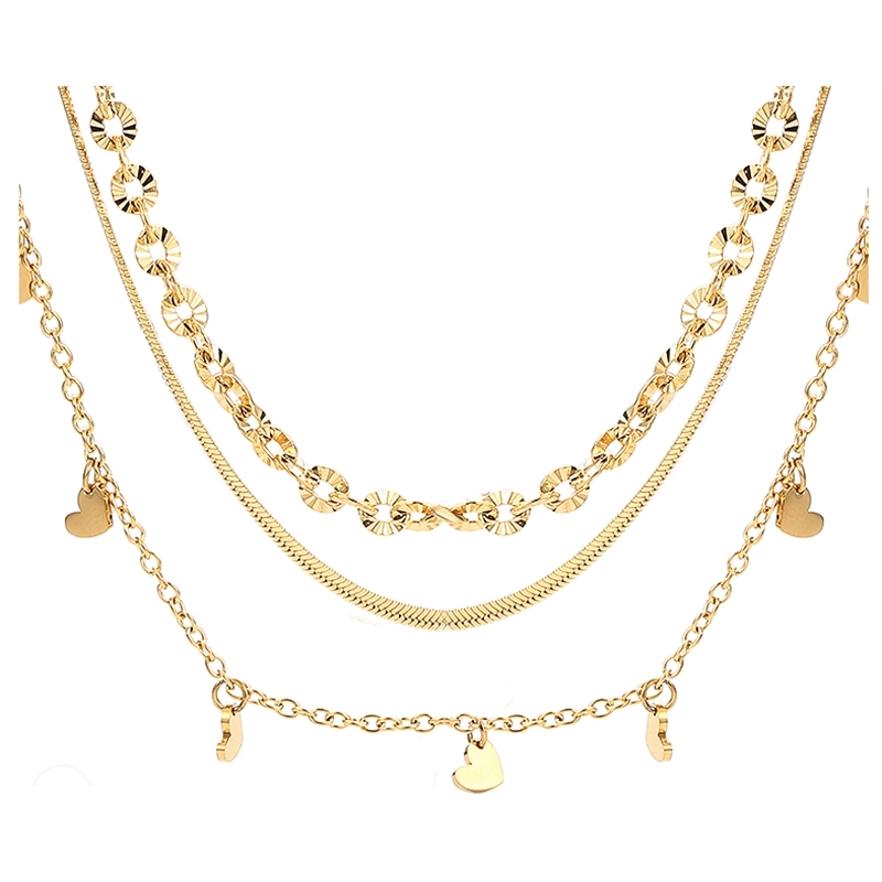 BRAND GIOIELLI LAYERS COLLANA DORATA TRIPLO FILO CON CUORI