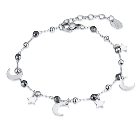 BRAND GIOIELLI BRACCIALE CON SFERE STELLE E LUNA ED EMATITE IN ACCIAIO
