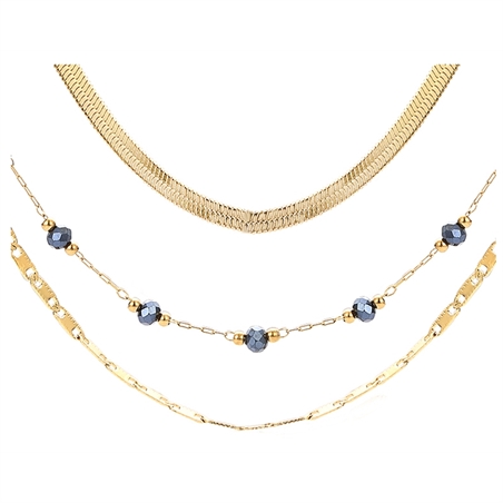 BRAND GIOIELLI LAYERS COLLANA DORATA TRIPLO FILO CON CRISTALLI NERI