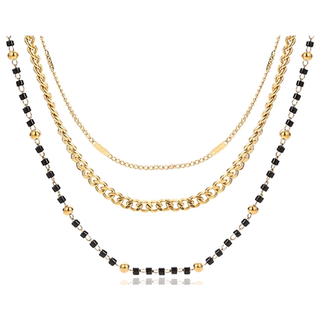 BRAND GIOIELLI LAYERS COLLANA DORATA TRIPLO FILO CON CRISTALLI NERI