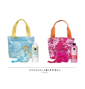 BIFFOLI SET CON MINI BORSA IN TESSUTO, BAGNOCREMA E SPUGNA