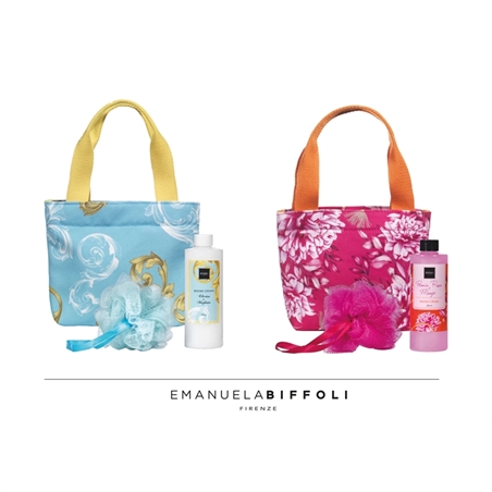 BIFFOLI SET CON MINI BORSA IN TESSUTO, BAGNOCREMA E SPUGNA