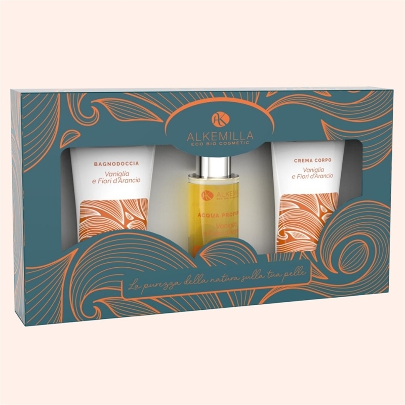 ALKEMILLA SET VANIGLIA E FIORI D'ARANCIO: BAGNO DOCCIA 50 ML+ CREMA CORPO 50 ML + ACQUA PROF. 30 ML