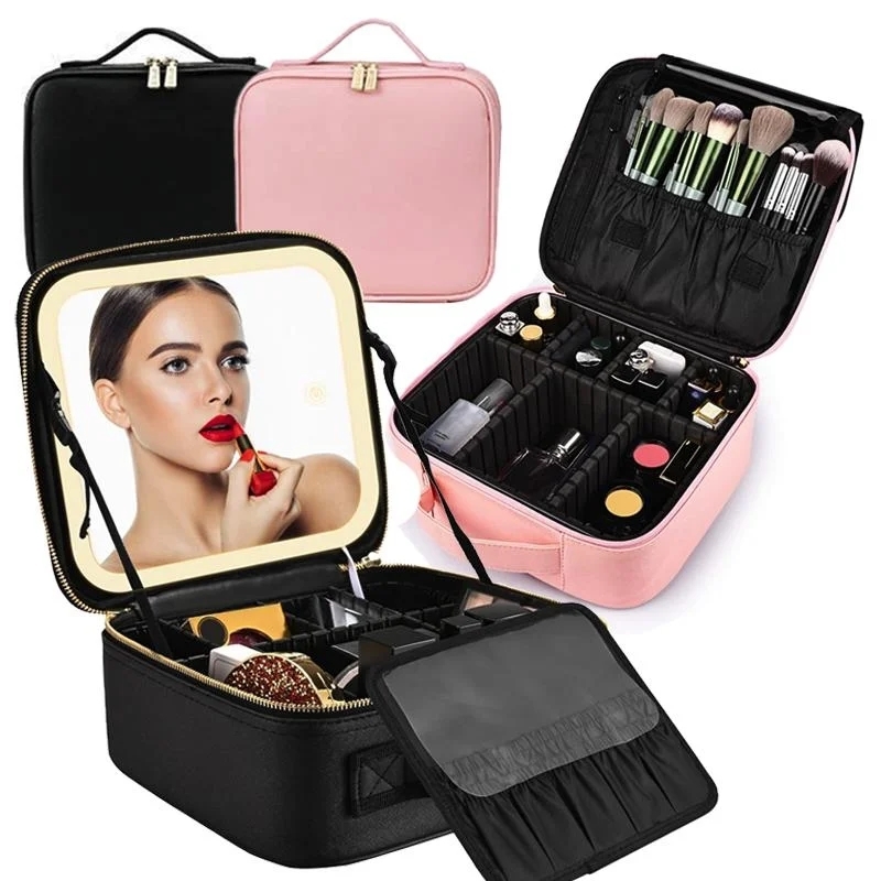 BEAUTY CASE NERO CON SPECCHIO LUMINOSO A LED E VARI SCOMPARTI