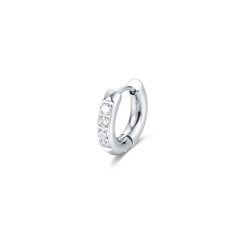 BRAND GIOIELLI CHUNKY ORECCHINO BOMBATO CRISTALLI SINGOLO CERCHIO COL. ARGENTO 14MM
