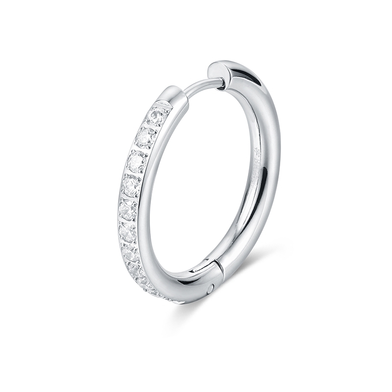 BRAND GIOIELLI CHUNKY ORECCHINO BOMBATO CRISTALLI SINGOLO CERCHIO COL. ARGENTO 24MM